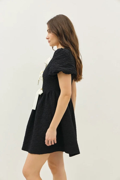 Bubble Textured Mini Dress with Bow Tie Front and Bubble Sleeves, Black