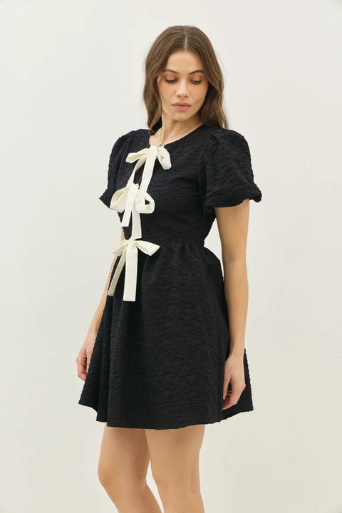 Bubble Textured Mini Dress with Bow Tie Front and Bubble Sleeves, Black
