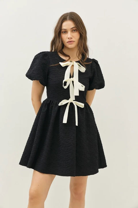 Bubble Textured Mini Dress with Bow Tie Front and Bubble Sleeves, Black