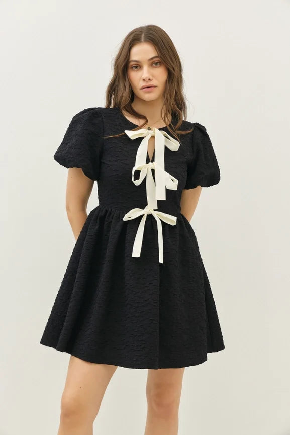 Bubble Textured Bow Tie Front Mini Dress with Bubble Sleeves - Black