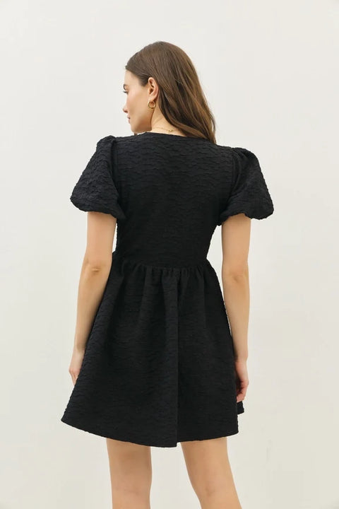 Bubble Textured Mini Dress with Bow Tie Front and Bubble Sleeves, Black