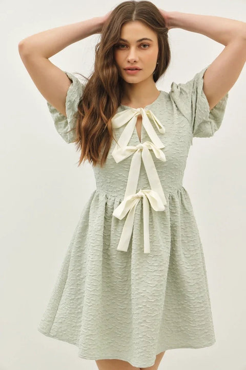 Bow Tie Front Mini Dress with Bubble Sleeves and Textured Fabric in Sage