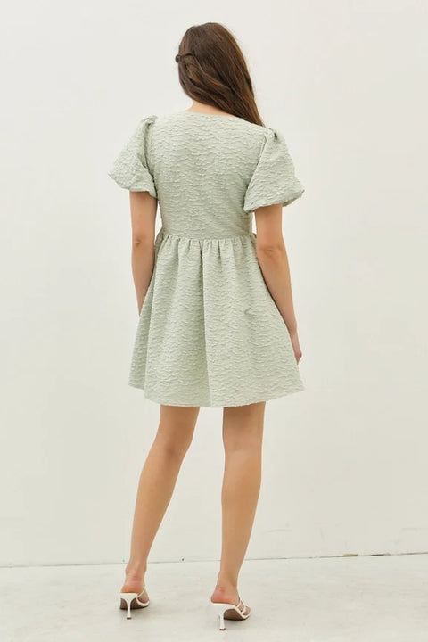 Bow Tie Front Mini Dress with Bubble Sleeves and Textured Fabric in Sage