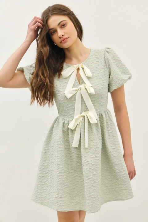 Bow Tie Front Mini Dress with Bubble Sleeves and Textured Fabric in Sage