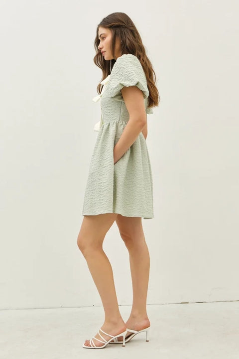 Bow Tie Front Mini Dress with Bubble Sleeves and Textured Fabric in Sage