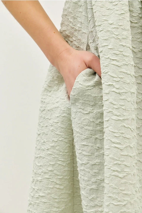 Bow Tie Front Mini Dress with Bubble Sleeves and Textured Fabric in Sage