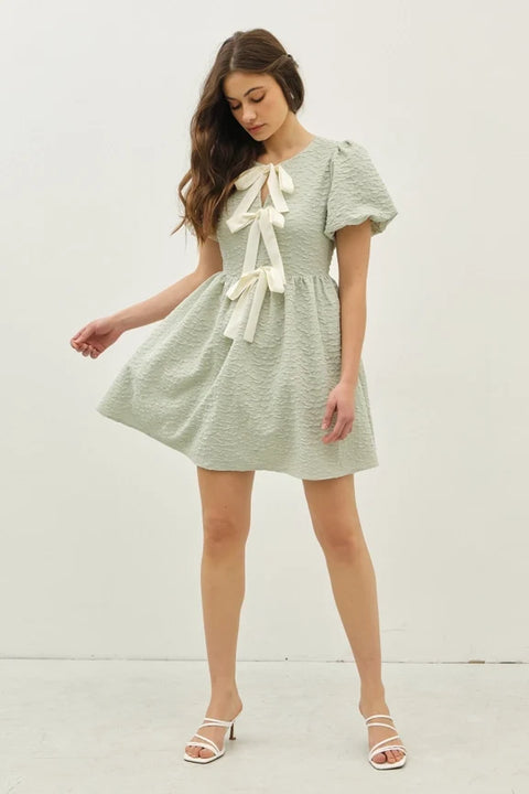 Bow Tie Front Mini Dress with Bubble Sleeves and Textured Fabric in Sage