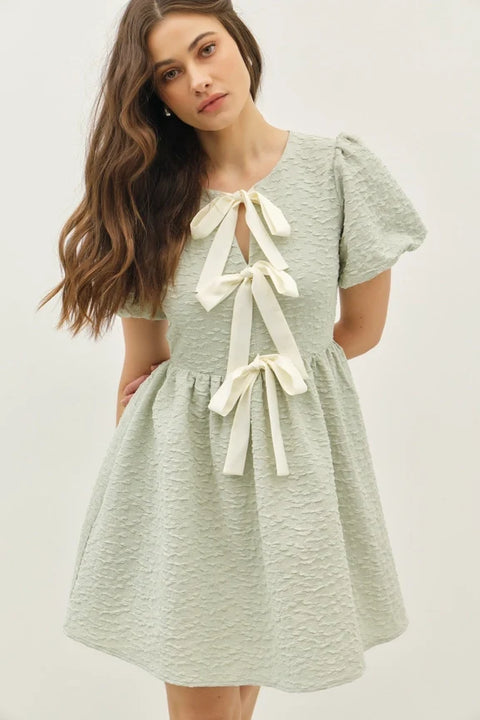 Bow Tie Front Mini Dress with Bubble Sleeves and Textured Fabric in Sage
