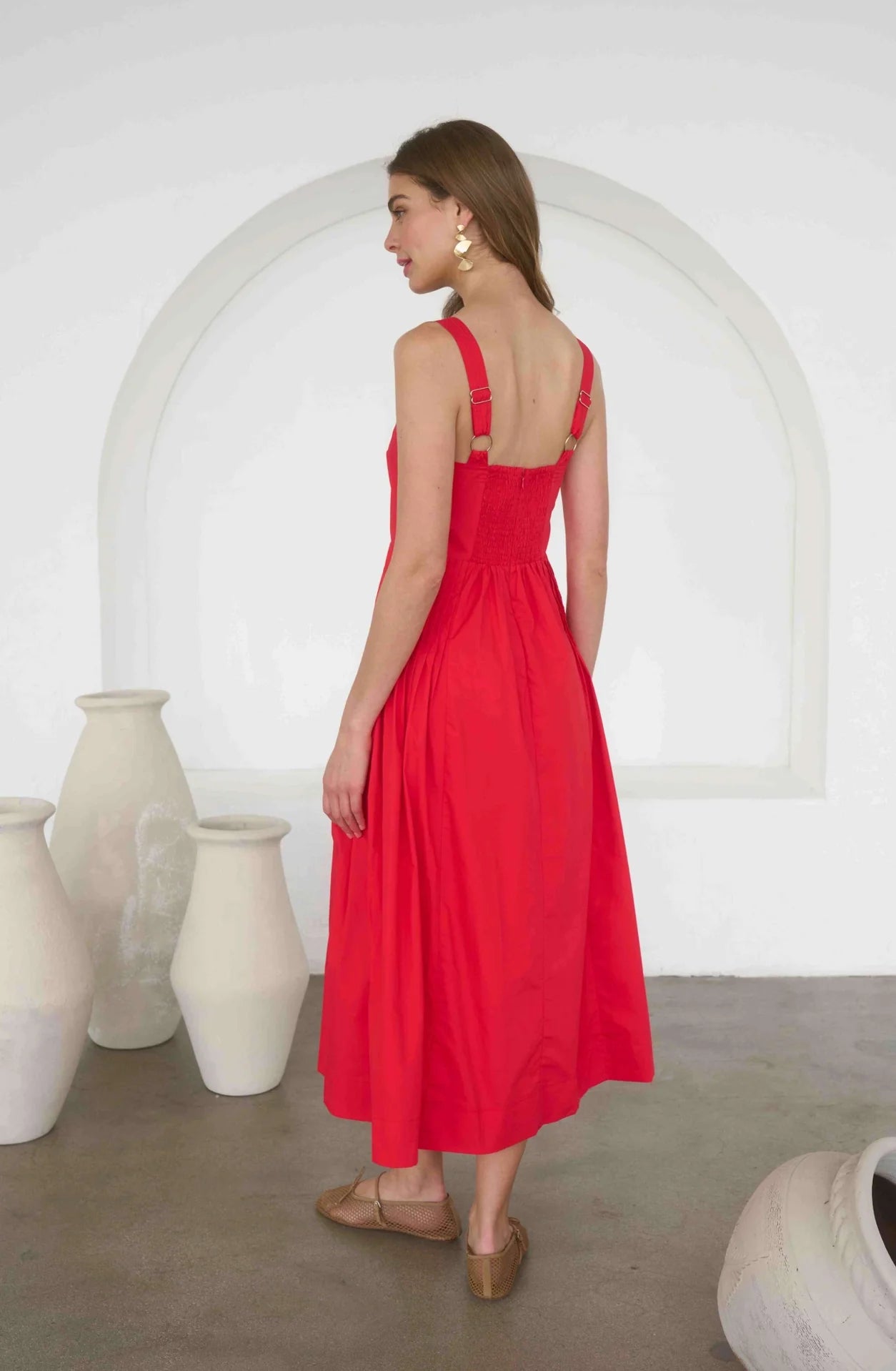 Button Detail Pleated Waist Sleeveless Midi Dress