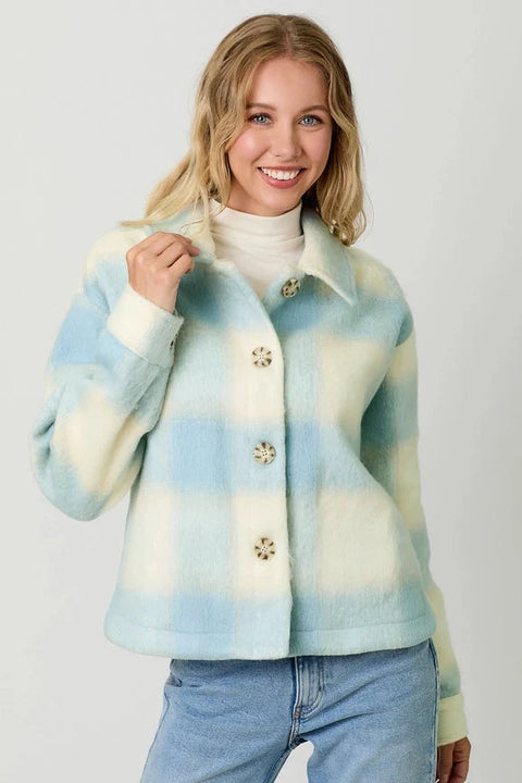 Button Down Checker Jacket - Ivory/Soft Blue