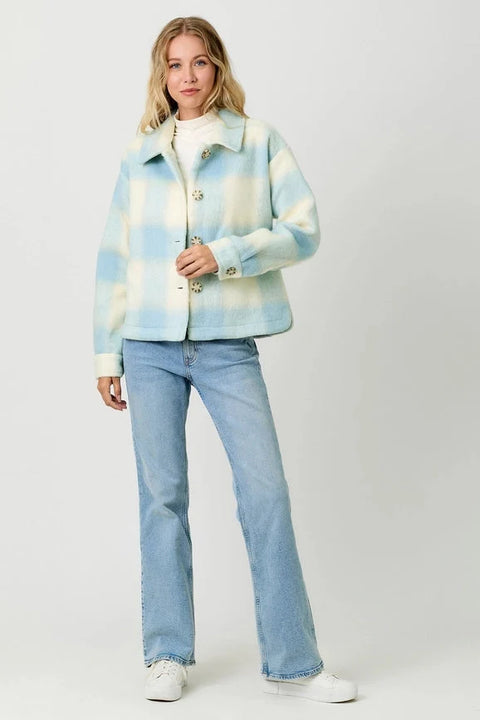 Button Down Checker Jacket - Ivory/Soft Blue