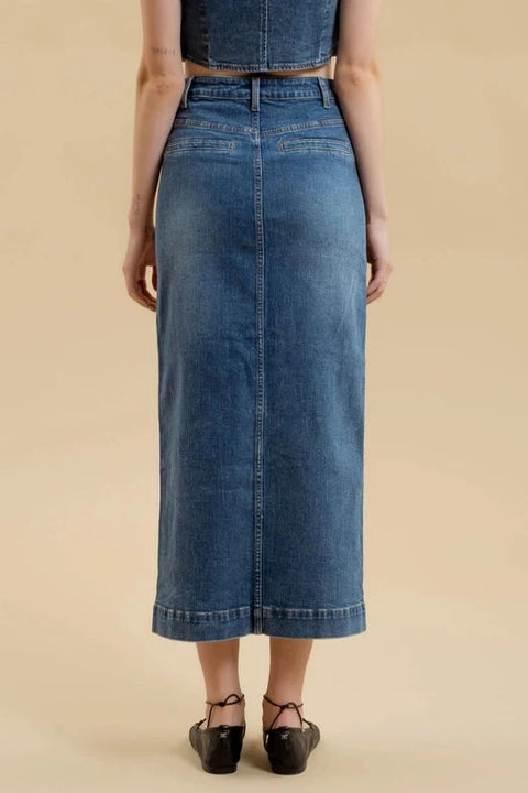 Button Down Denim Midi Skirt