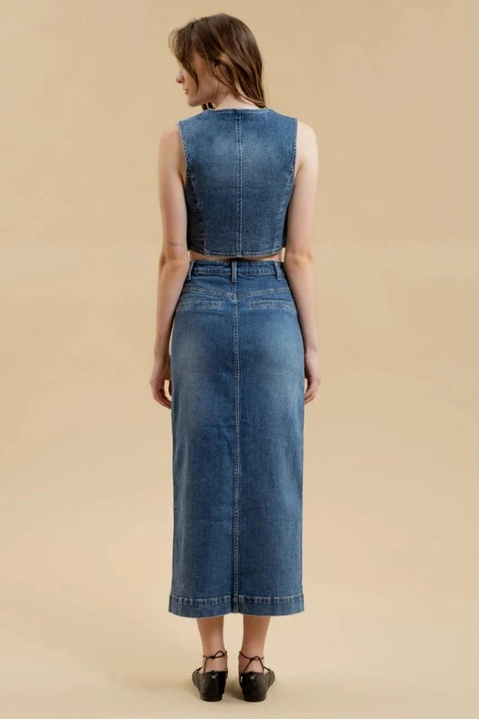 Button Down Denim Midi Skirt