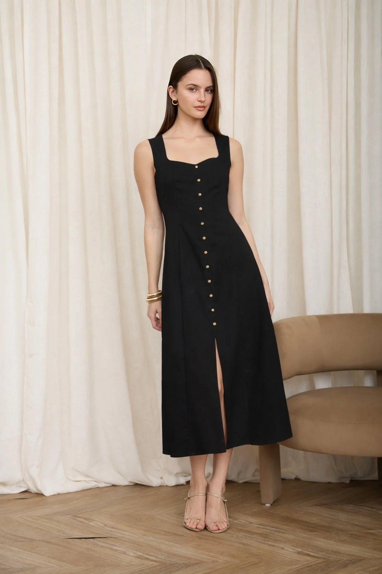 Button Down Sleeveless Split Hem Linen Midi Dress