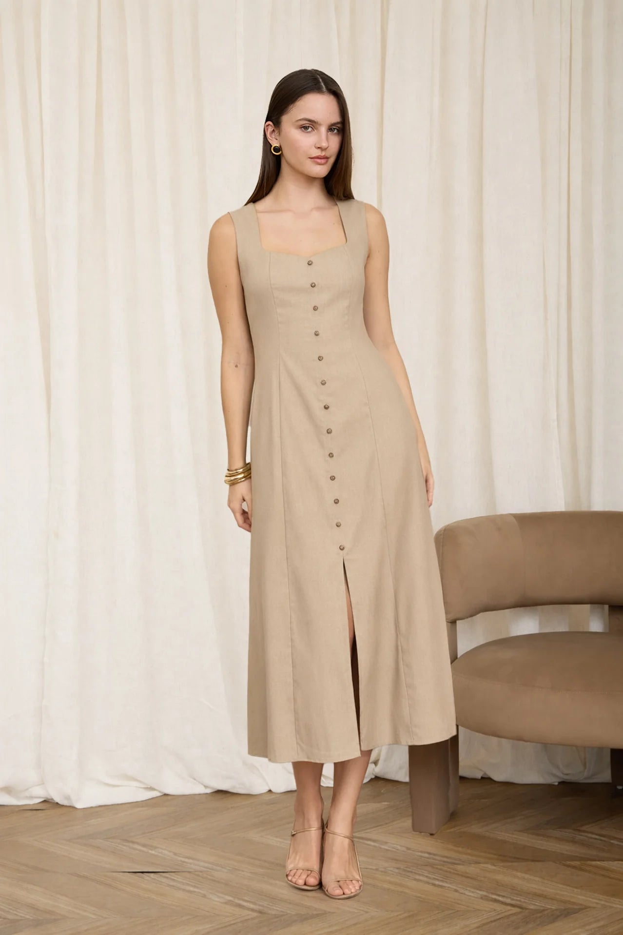 Button Down Sleeveless Split Hem Linen Midi Dress