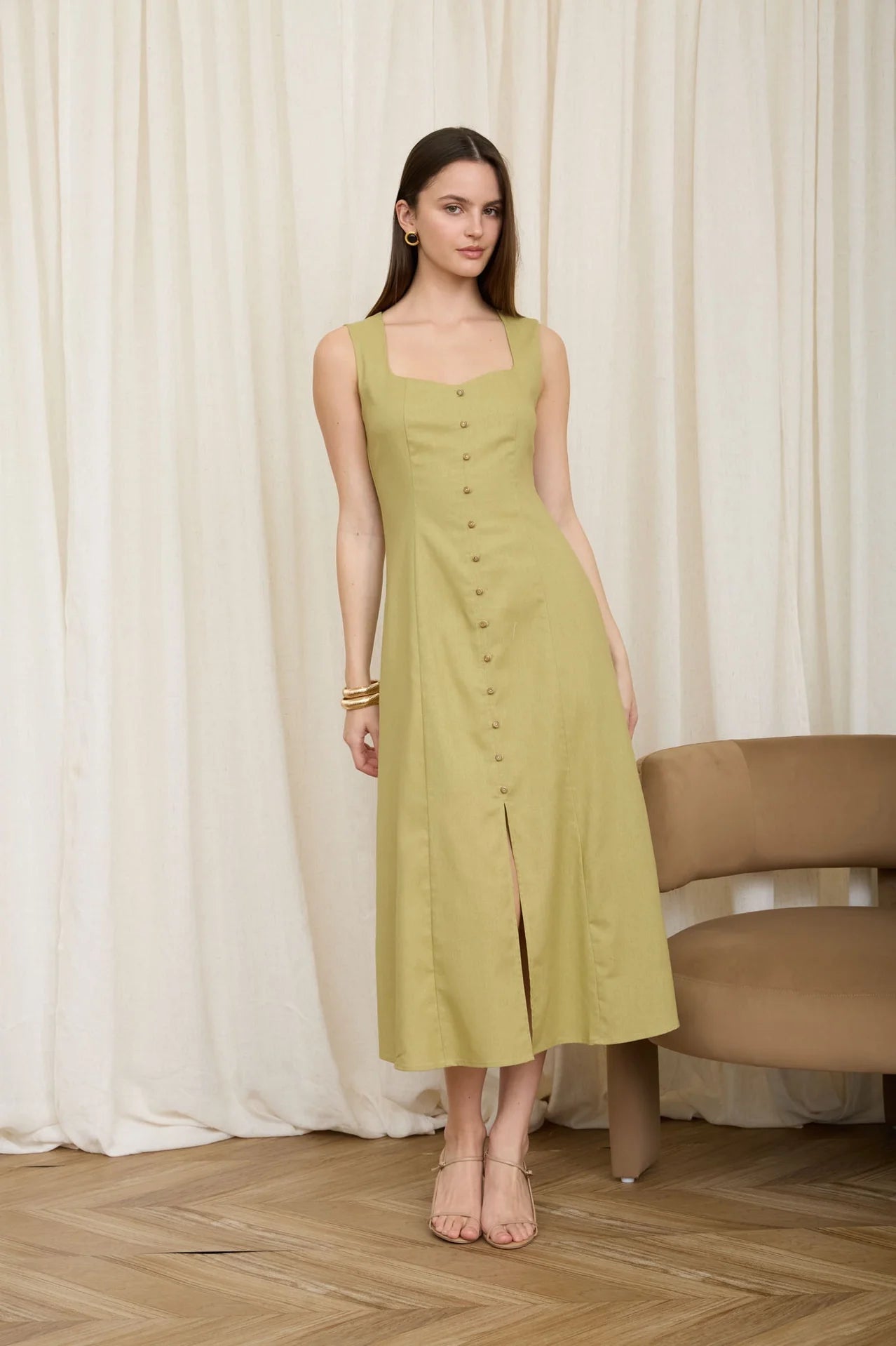 Button Down Sleeveless Split Hem Linen Midi Dress