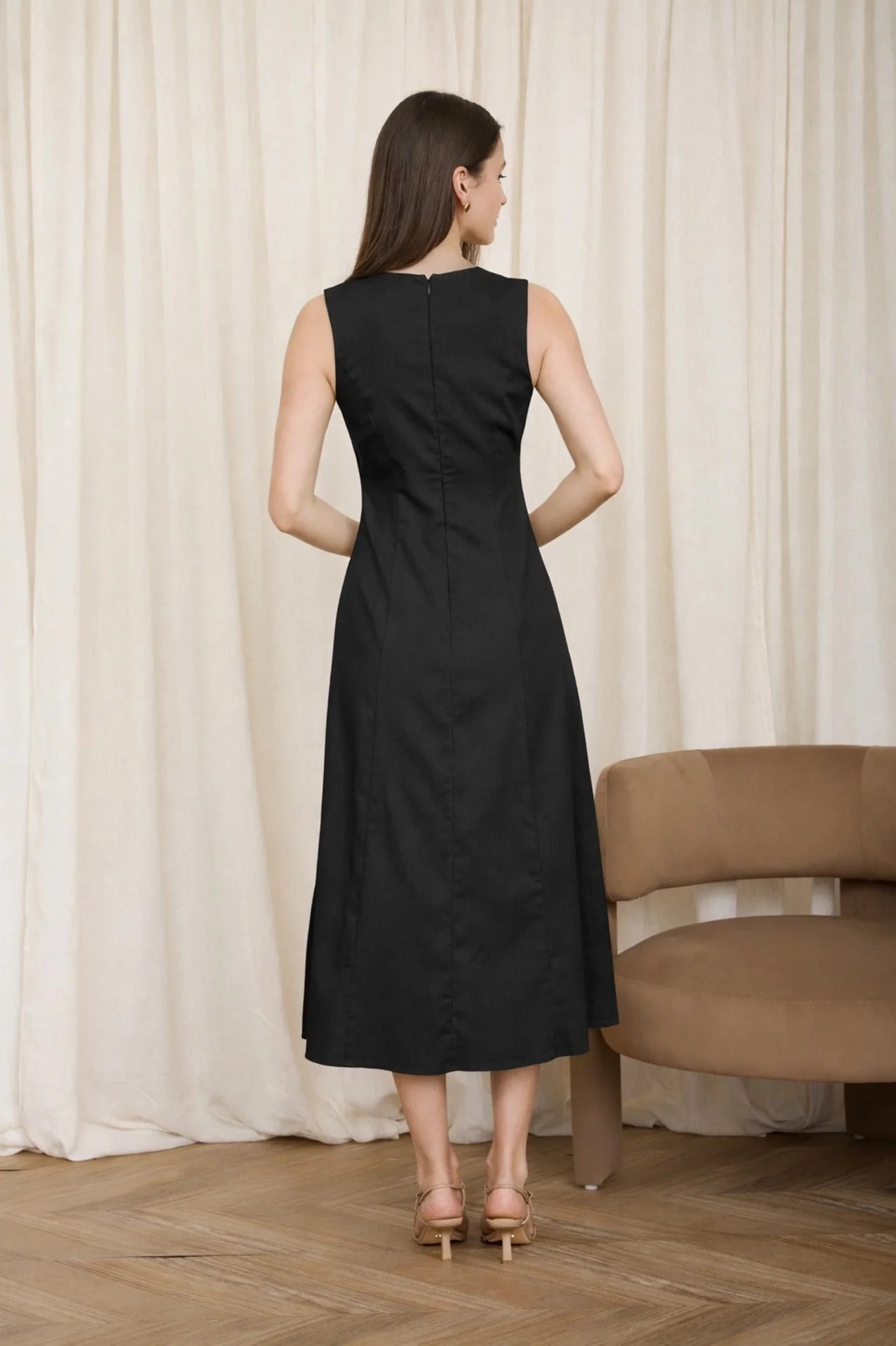 Button Down Sleeveless Split Hem Linen Midi Dress