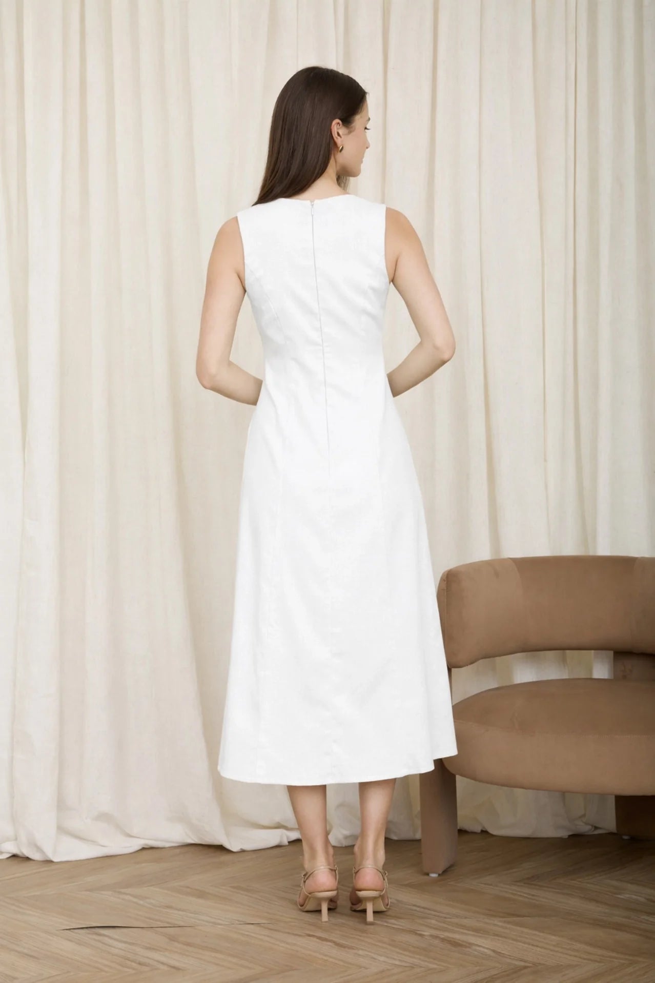 Button Down Sleeveless Split Hem Linen Midi Dress