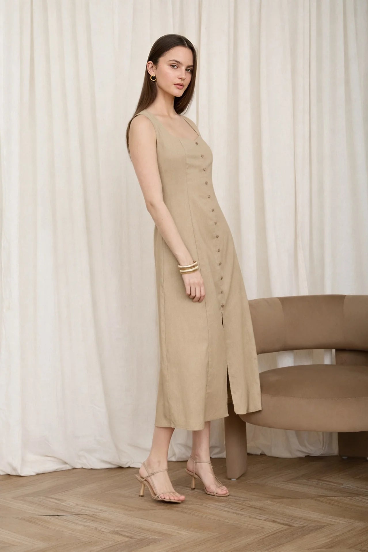 Button Down Sleeveless Split Hem Linen Midi Dress