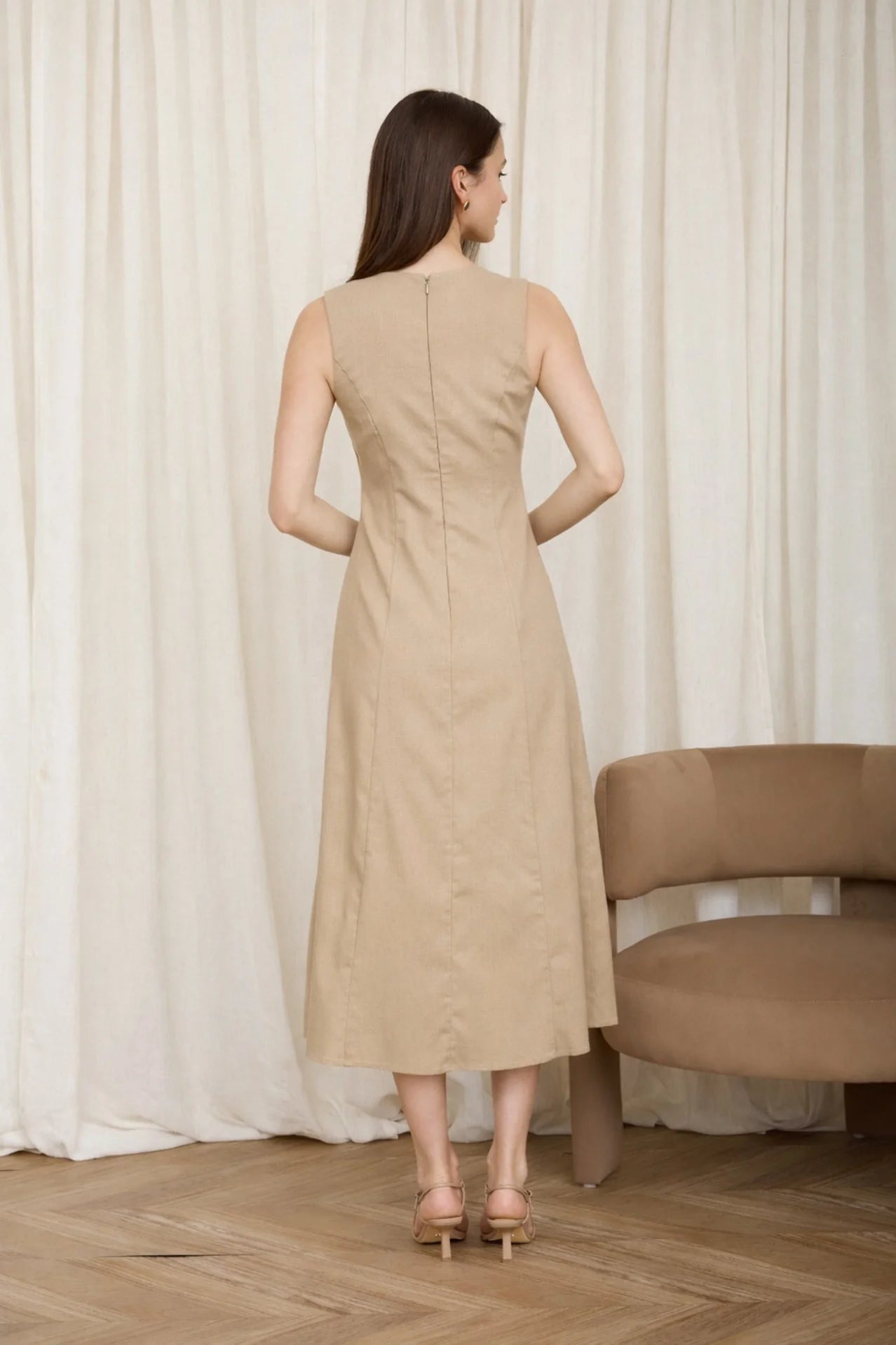 Button Down Sleeveless Split Hem Linen Midi Dress