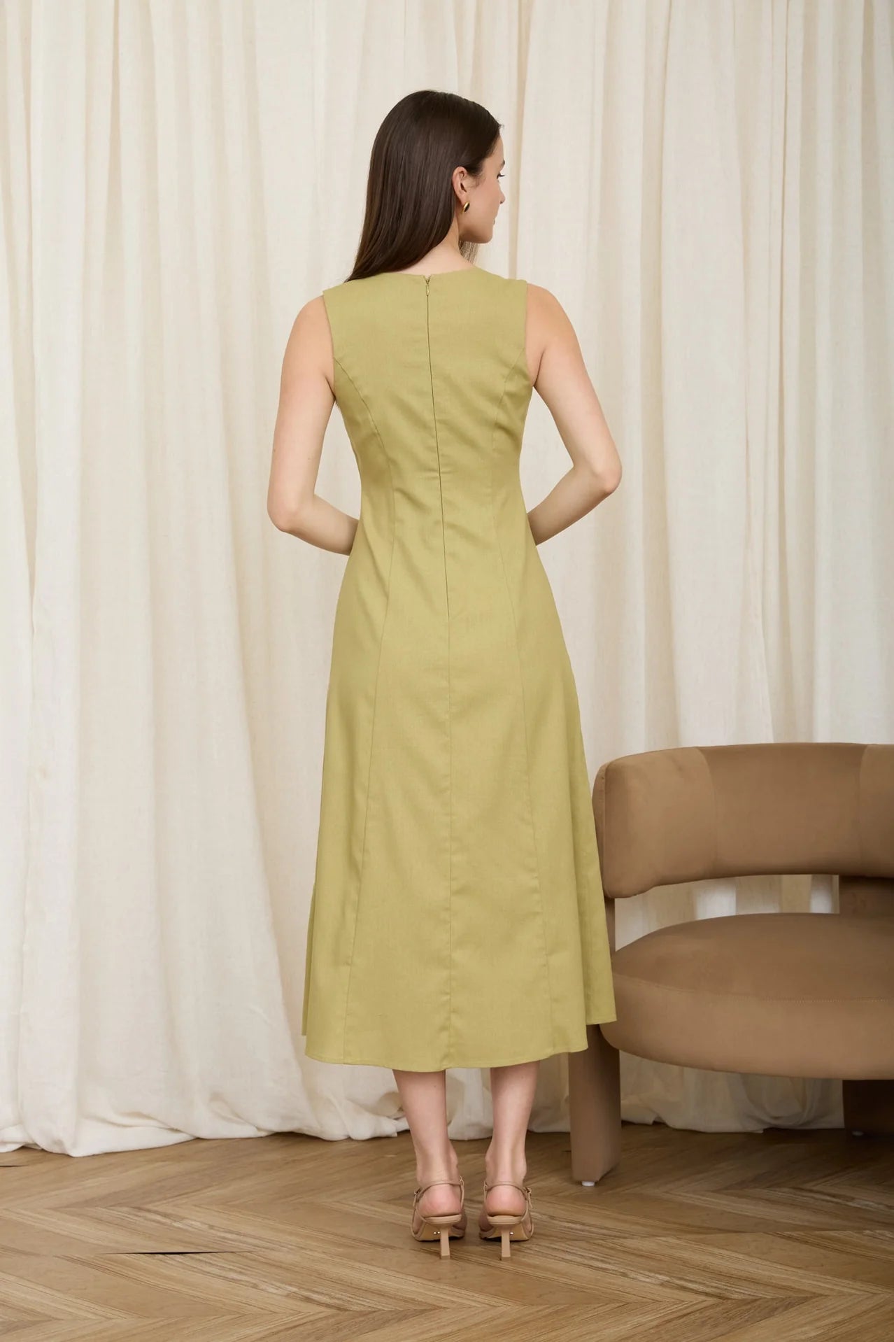 Button Down Sleeveless Split Hem Linen Midi Dress