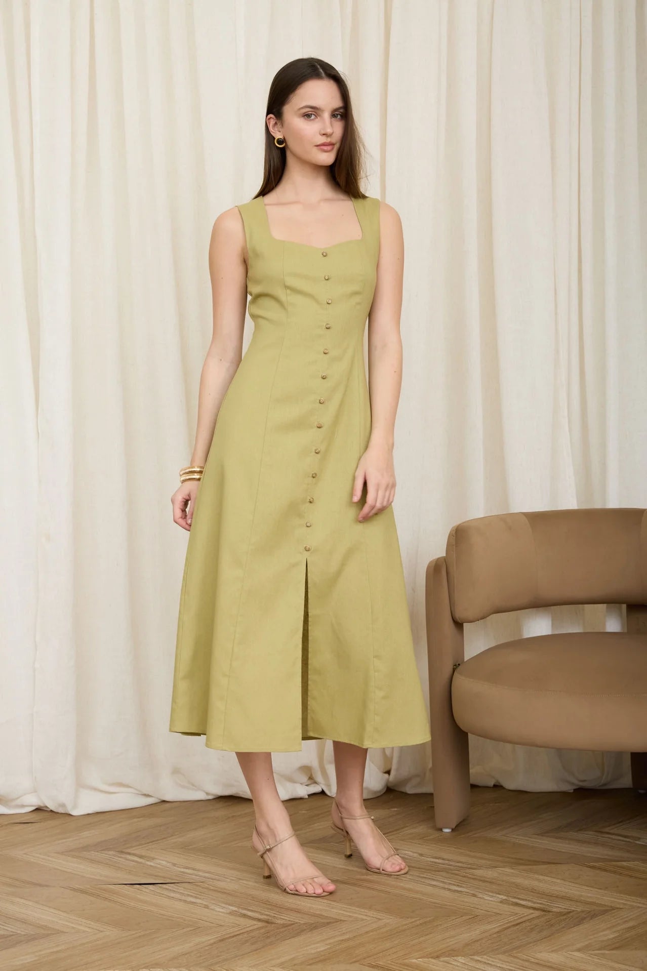 Button Down Sleeveless Split Hem Linen Midi Dress