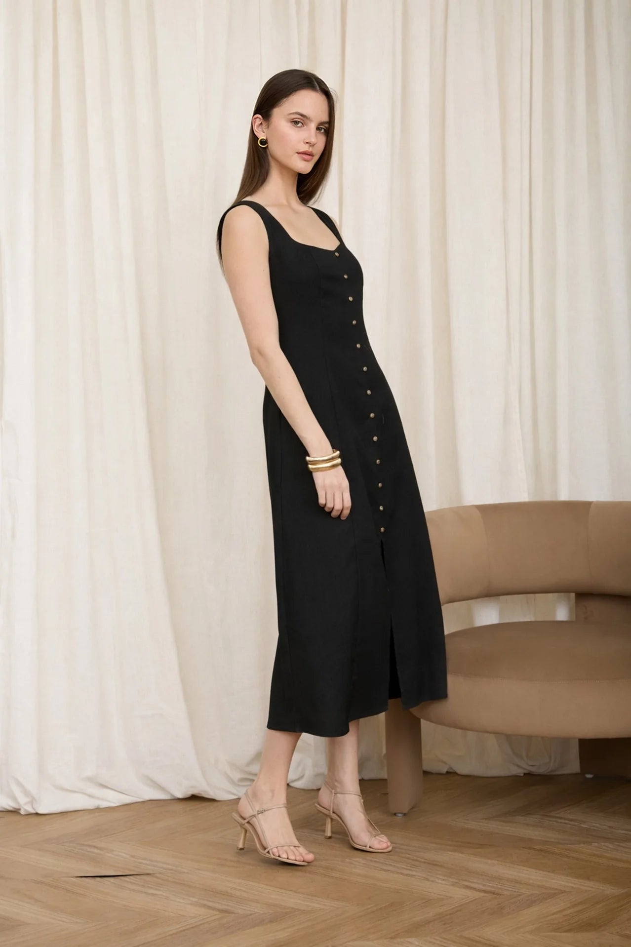 Button Down Sleeveless Split Hem Linen Midi Dress