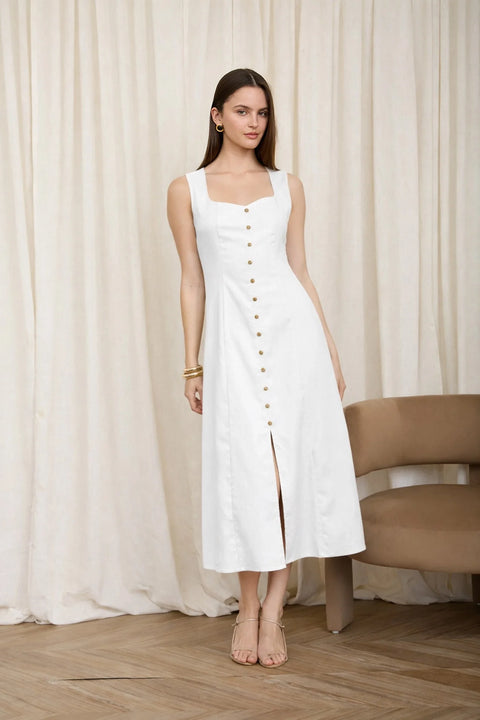 Sleeveless Button Down Linen Midi Dress with Split Hem in White