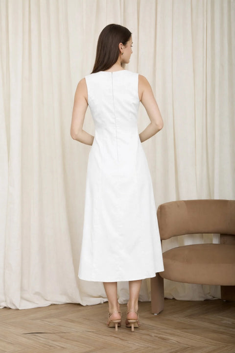 Sleeveless Button Down Linen Midi Dress with Split Hem in White