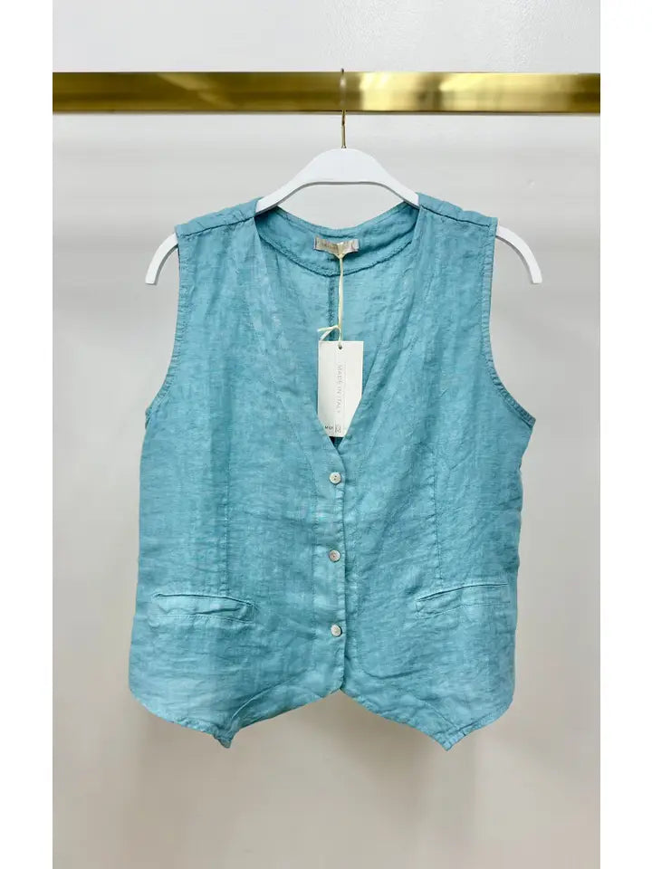 Button Down Vest with Faux Pocket Blue Zuccero