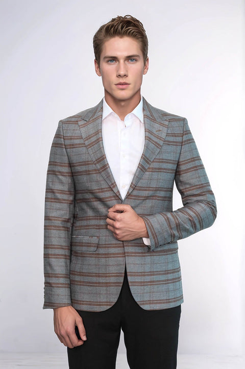 Checked Slim-Fit Brown Men Blazer - Wessi