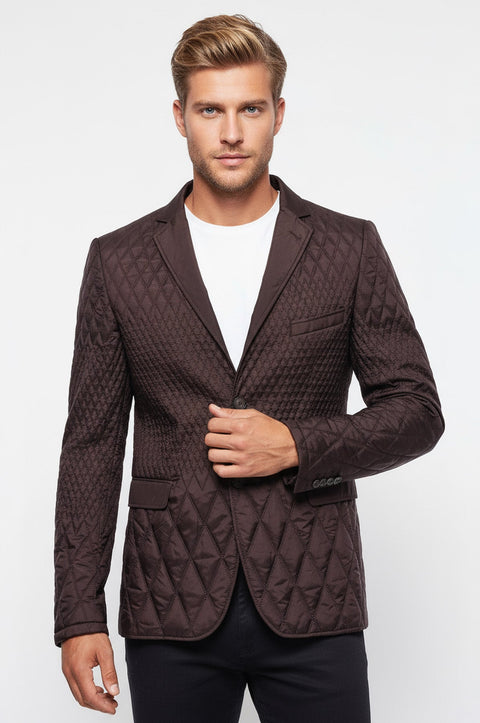 Slim Fit Brown Quilted Blazer - Wessi
