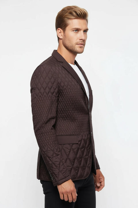 Slim Fit Brown Quilted Blazer - Wessi