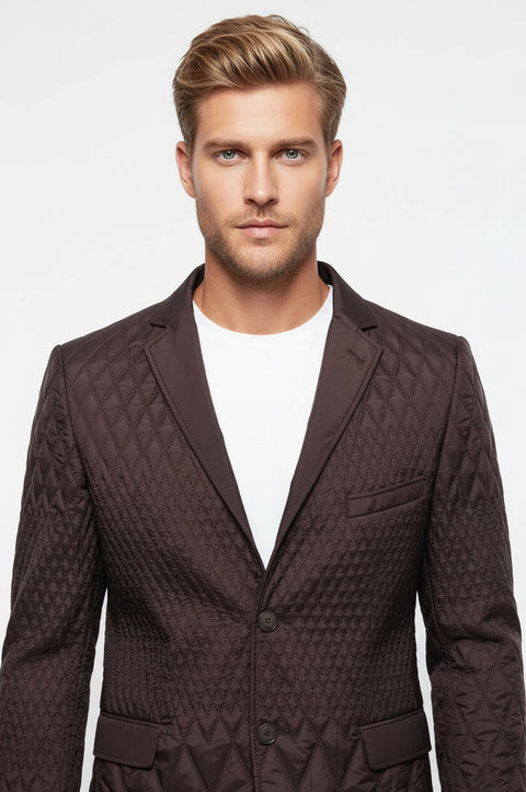 Slim Fit Brown Quilted Blazer - Wessi