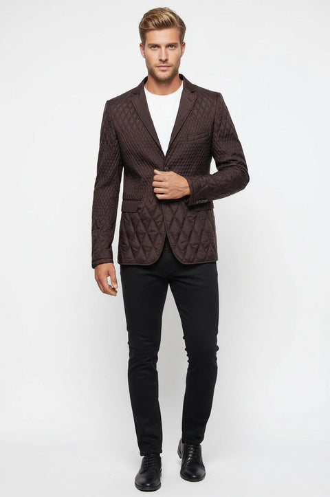 Slim Fit Brown Quilted Blazer - Wessi