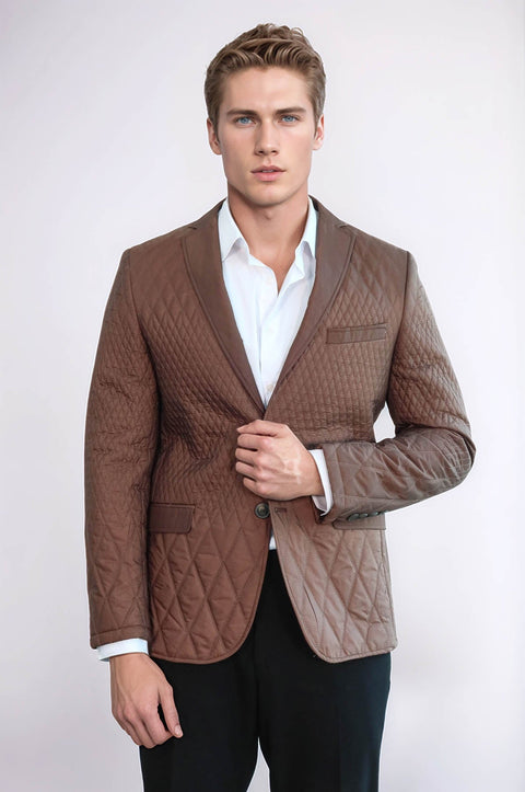 3 Pockets 2 Button Quilted Coat Jacket Tan Short Coat-Wessi