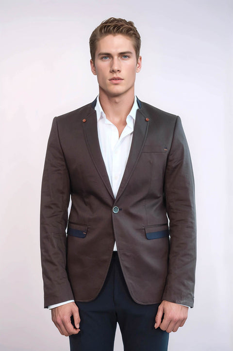 Single Button Standing Collar Brown Men Blazer - Wessi
