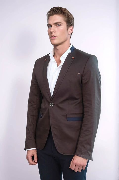 Single Button Standing Collar Brown Men Blazer - Wessi