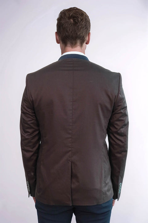Single Button Standing Collar Brown Men Blazer - Wessi