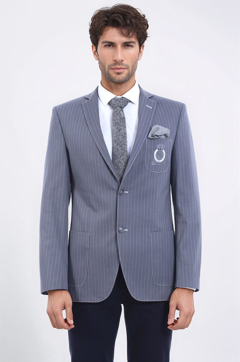 Striped Single Slit Crested Bag Pocket Grey Jacket-Wessi