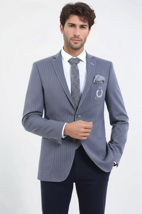 Striped Single Slit Crested Bag Pocket Grey Jacket-Wessi