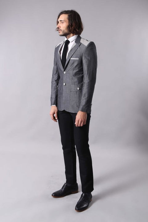 Double Button Bag Pocket Pointed Collar Grey Jacket-Wessi