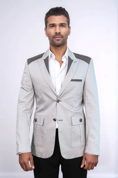 Double Buttons Bag Pocket Shoulder Piece Grey Jacket-Wessi
