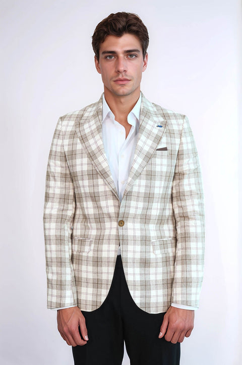 Single Button Wide Pointed Collar Beige Blazer - Wessi