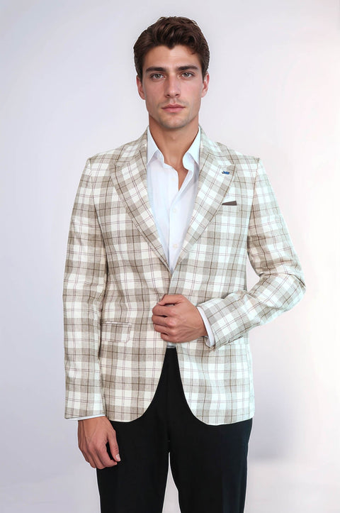 Single Button Wide Pointed Collar Beige Blazer - Wessi