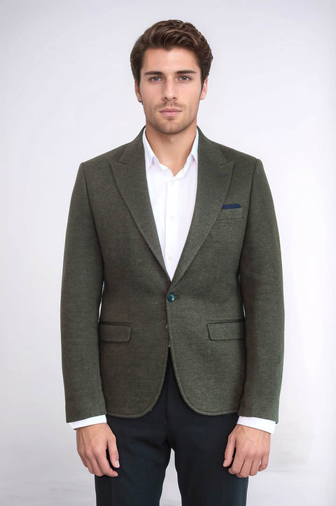 Peak Lapel Dark Green Wool Jacket - Wessi
