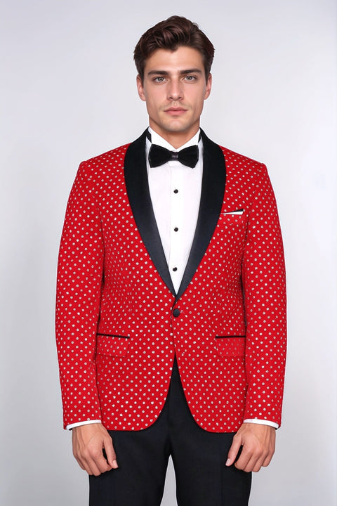 Dot Patterned Slim Fit Red Men Singer Tuxedo Blazer - Wessi