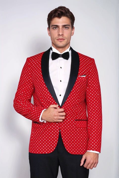 Dot Patterned Slim Fit Red Men Singer Tuxedo Blazer - Wessi