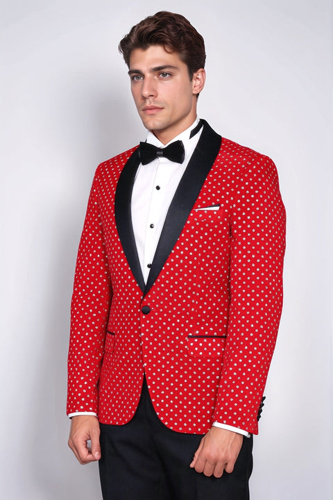 Dot Patterned Slim Fit Red Men Singer Tuxedo Blazer - Wessi