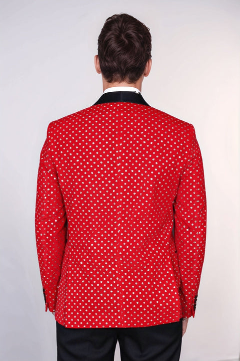 Dot Patterned Slim Fit Red Men Singer Tuxedo Blazer - Wessi